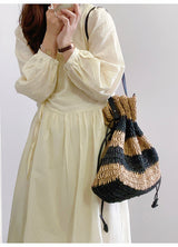 Women’s Stripe Straw Drawstring Bag Tote Bag for Beach, Vacation & Summer Outfits