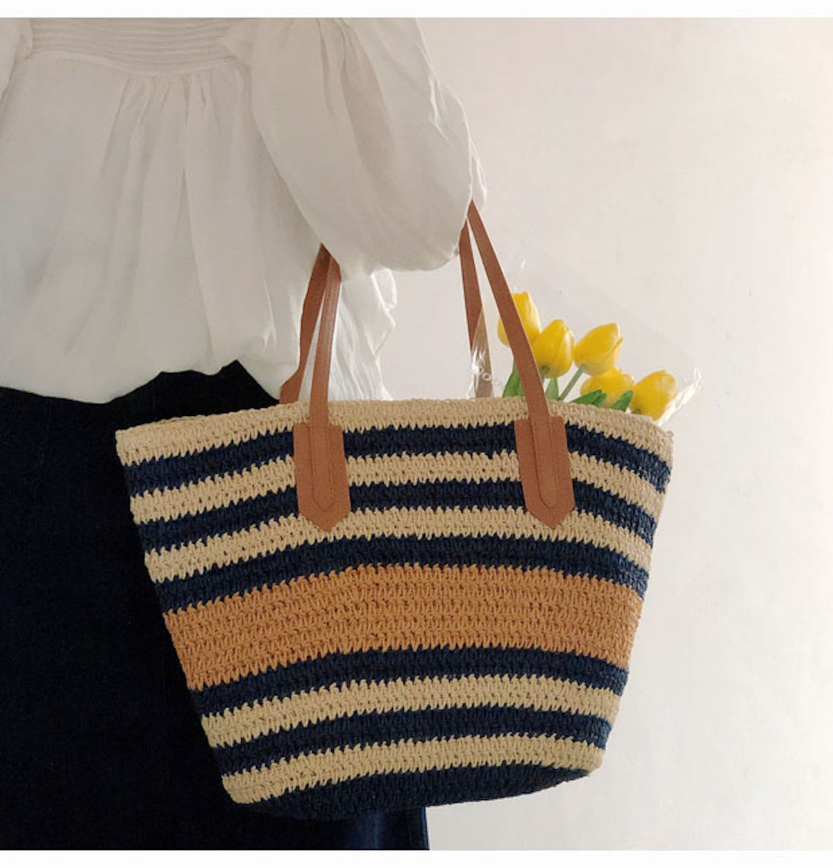 Women’s Large Striped Straw Woven Tote Bag for Beach, Vacation & Summer Outfits