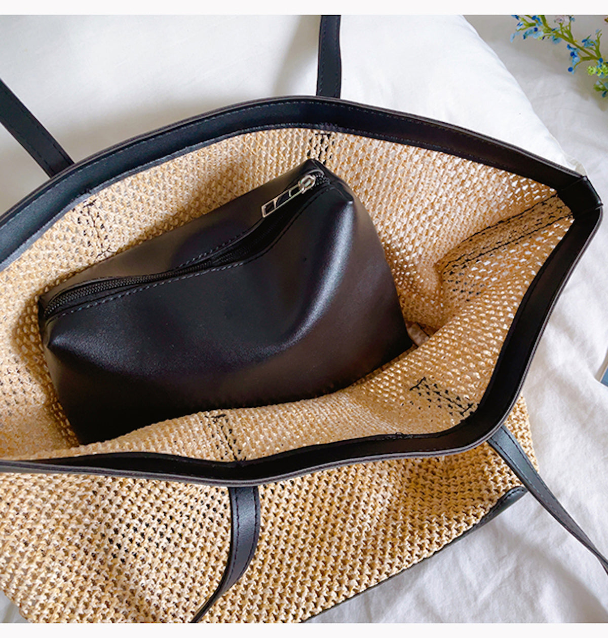 Women’s Straw Woven Tote Bag with Leather Trims for Beach, Vacation & Summer Outfits
