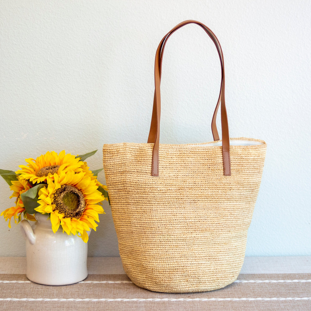 Women’s Raffia Summer Straw Tote with Genuine Leather Handles for Beach, Vacation & Summer Outfits