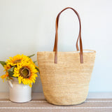 Women’s Raffia Summer Straw Tote with Genuine Leather Handles for Beach, Vacation & Summer Outfits