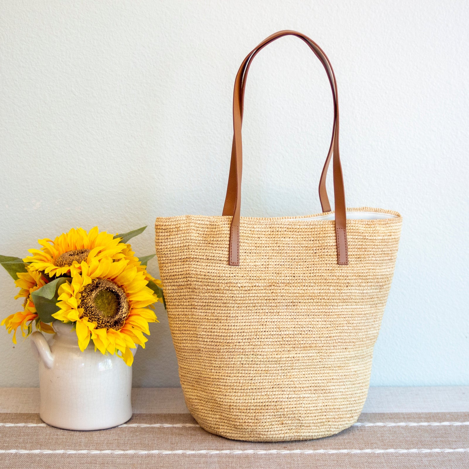 Women’s Raffia Summer Straw Tote with Genuine Leather Handles for Beach, Vacation & Summer Outfits