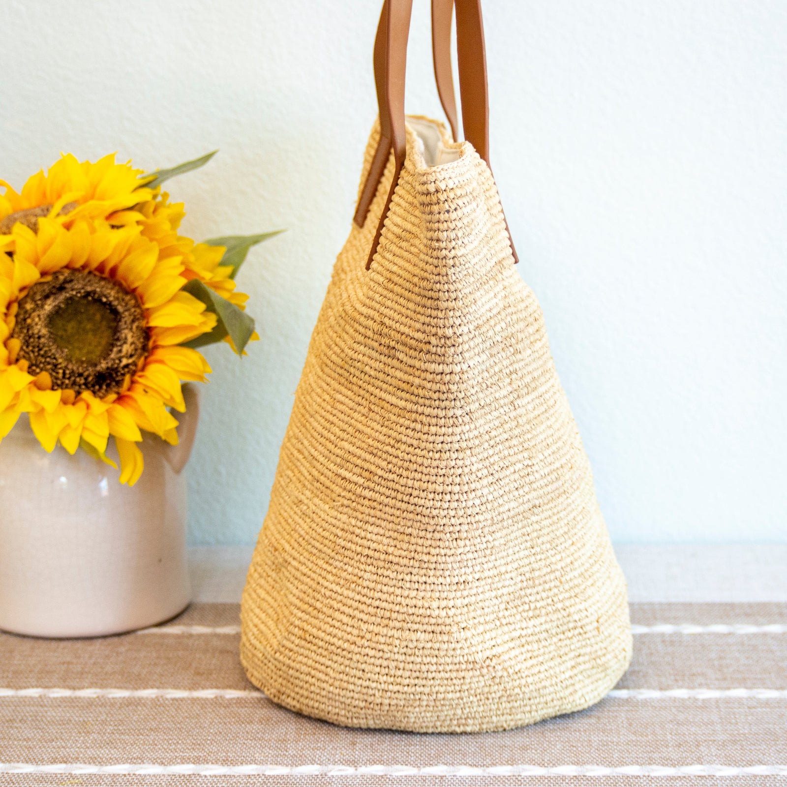 Women’s Raffia Summer Straw Tote with Genuine Leather Handles for Beach, Vacation & Summer Outfits