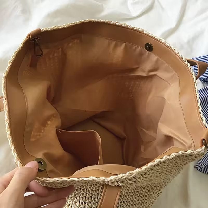 Straw Beach Bag for Women, Lightweight Summer Vacation Purse in Beige, styled as a SheSelects summer accessory