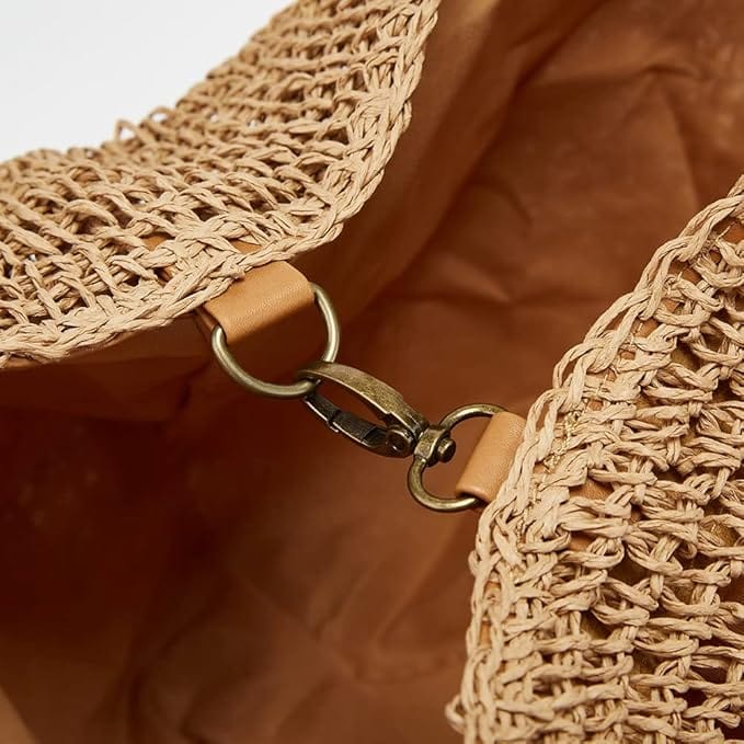Straw Beach Bag for Women, Lightweight Summer Vacation Purse in Beige, styled as a SheSelects summer accessory