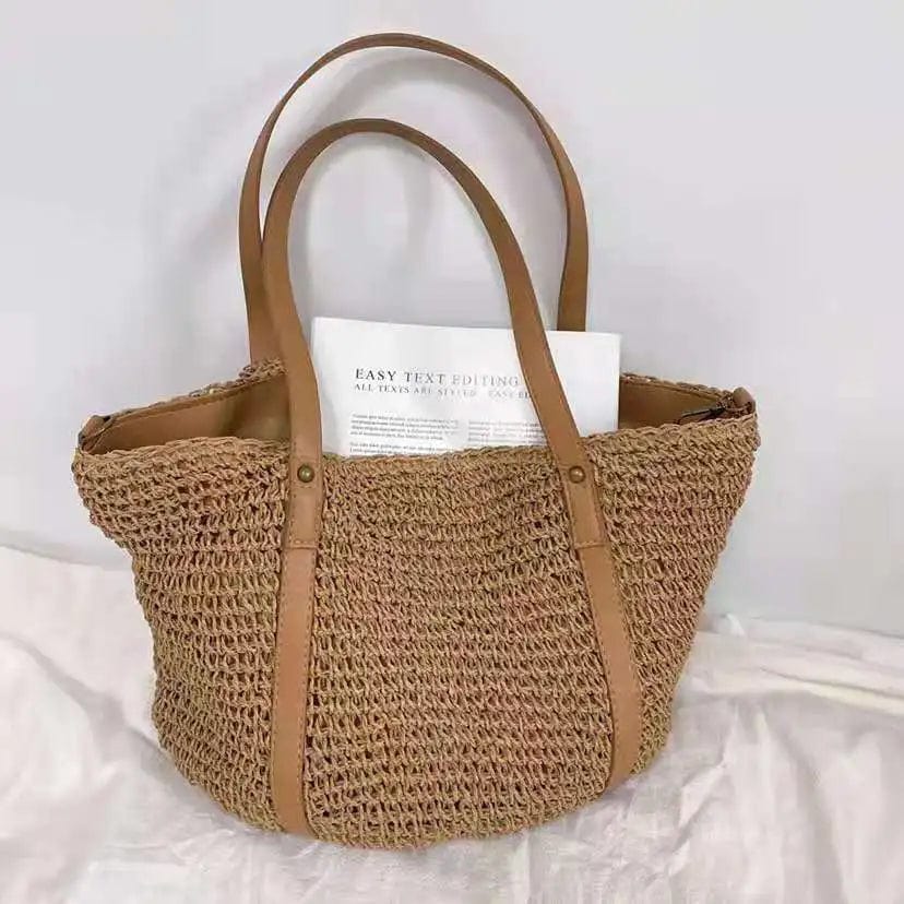 Straw Beach Bag for Women, Lightweight Summer Vacation Purse in Beige, styled as a SheSelects summer accessory