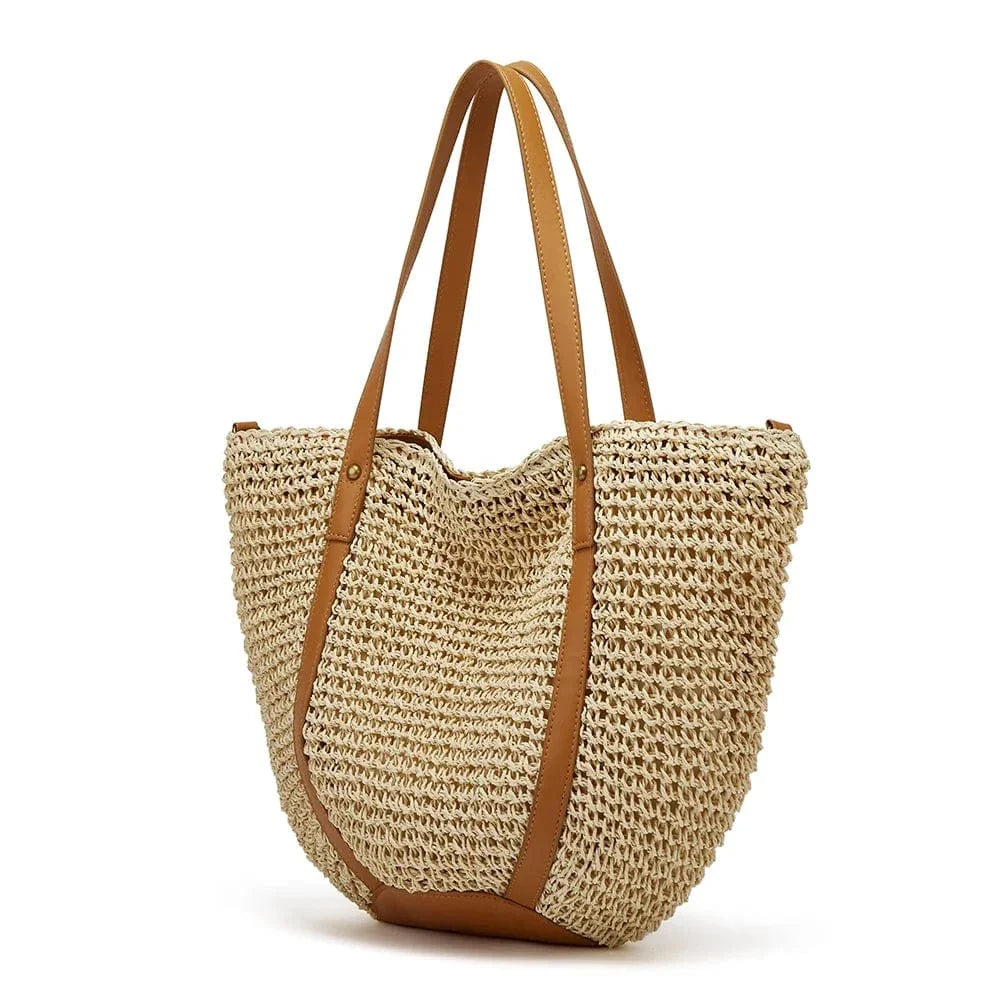 Straw Beach Bag for Women, Lightweight Summer Vacation Purse in Beige, styled as a SheSelects summer accessory