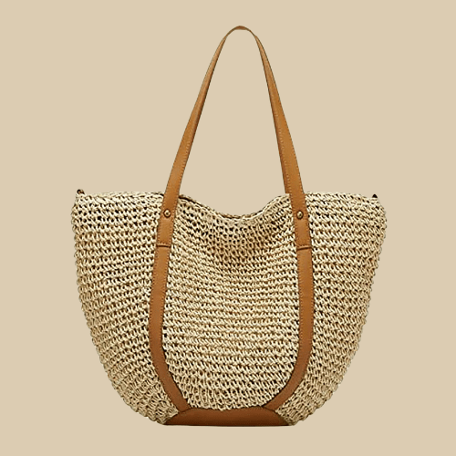 Straw Beach Bag for Women, Lightweight Summer Vacation Purse in Beige, styled as a SheSelects summer accessory