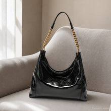 Glossy Vegan Leather Hobo Bag, Gold Chain Shoulder Purse with Detachable Strap