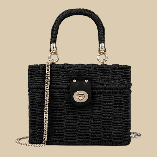 Black Wicker Summer Bag for Women, Natural Summer Vacation Purse