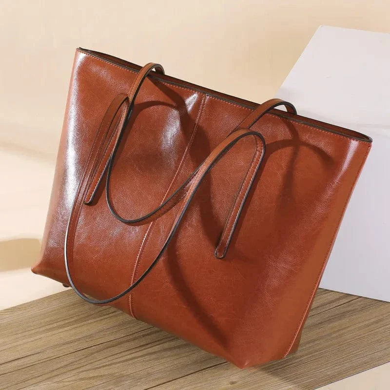 Brown Vegan Leather Tote Bag for Women, Soft Everyday Shoulder Purse in Brown, styled as a SheSelects summer accessory