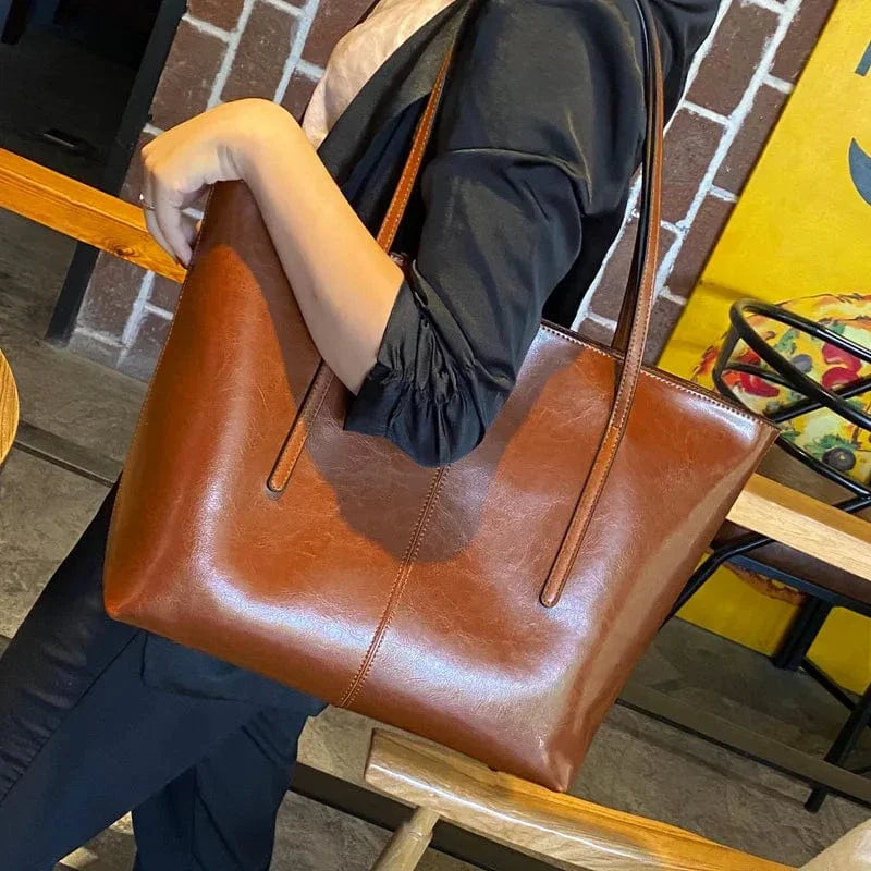 Brown Vegan Leather Tote Bag for Women, Soft Everyday Shoulder Purse