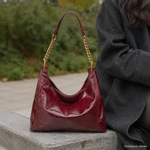 Glossy Vegan Leather Hobo Bag, Gold Chain Shoulder Purse with Detachable Strap