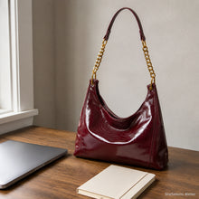 Glossy Vegan Leather Hobo Bag, Gold Chain Shoulder Purse with Detachable Strap