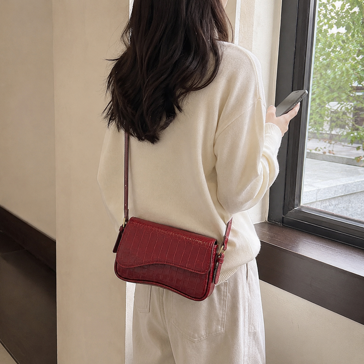 Vegan Leather Baguette Bag, Retro Shoulder Purse with Asymmetric Flap