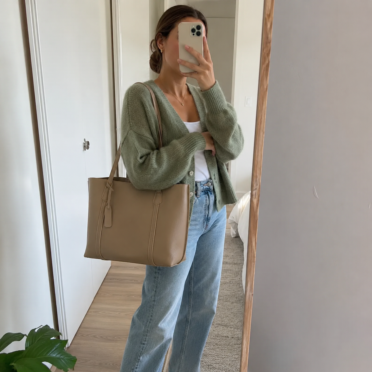 Vegan leather work tote showing its structured everyday silhouette