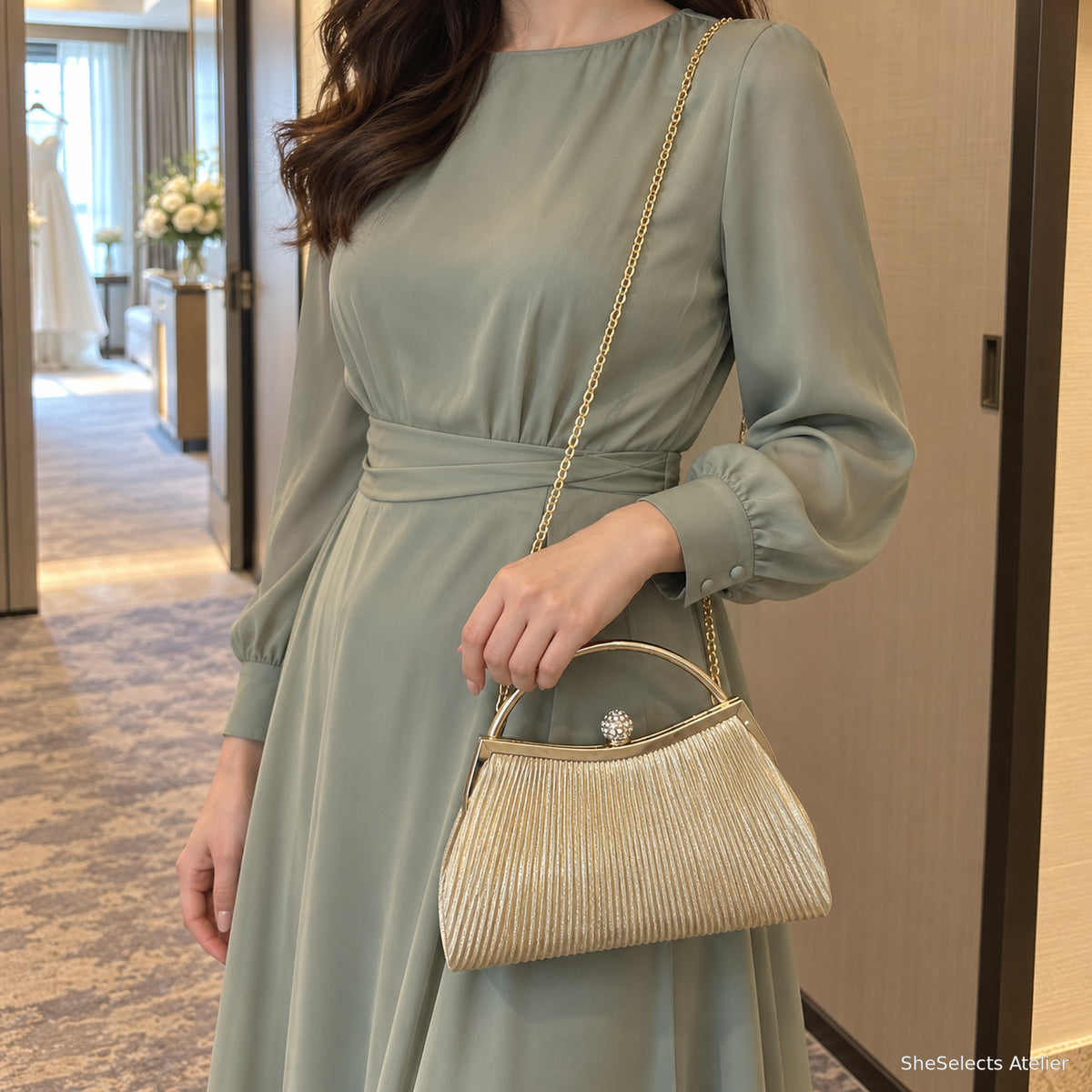 Celestine Gold evening bag worn crossbody with its fine chain