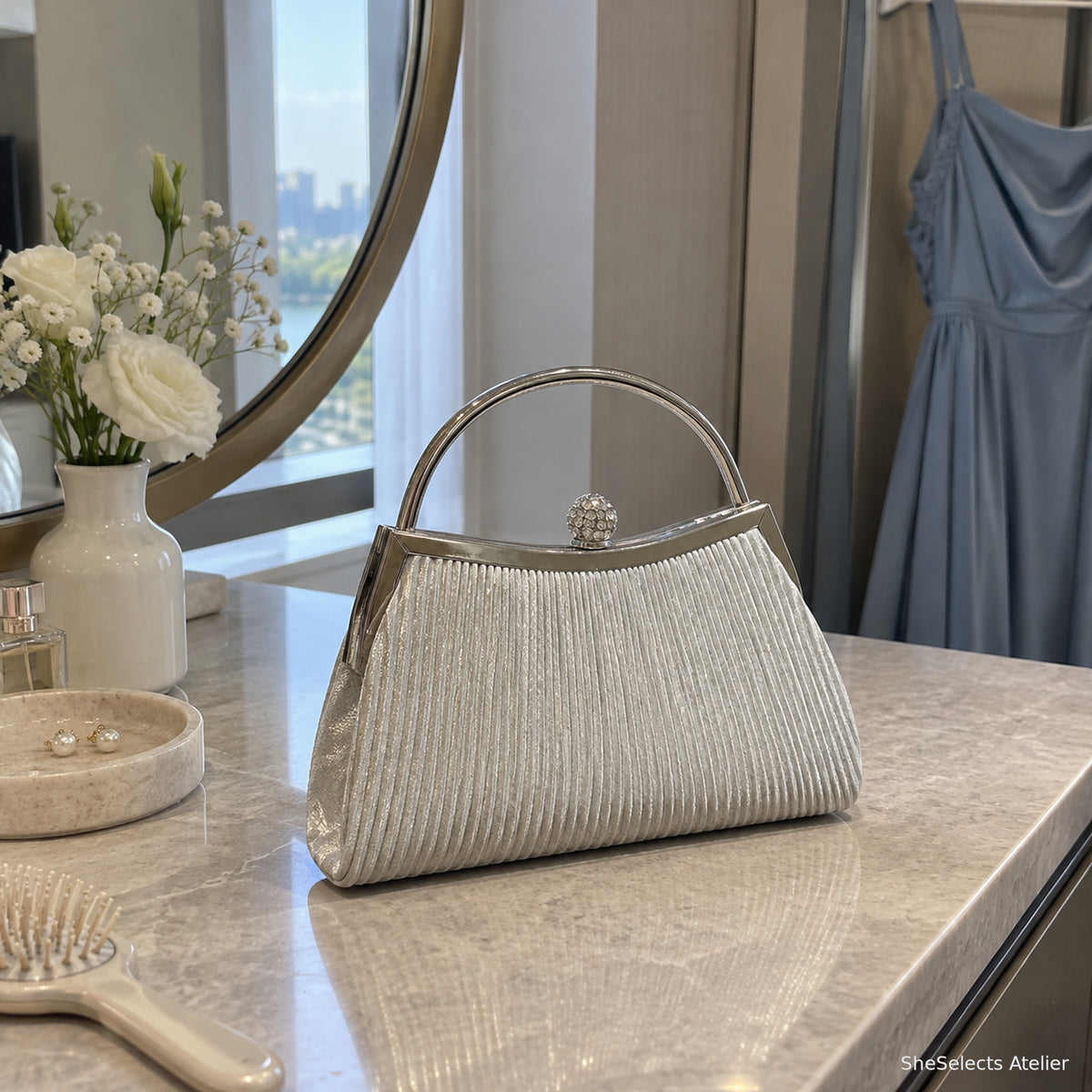 Celestine Silver evening bag on a bridesmaid vanity