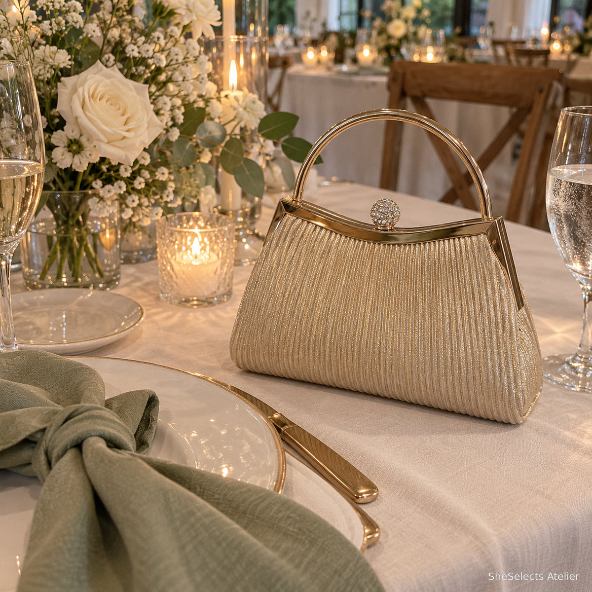 Celestine Gold evening bag beside a wedding reception place setting