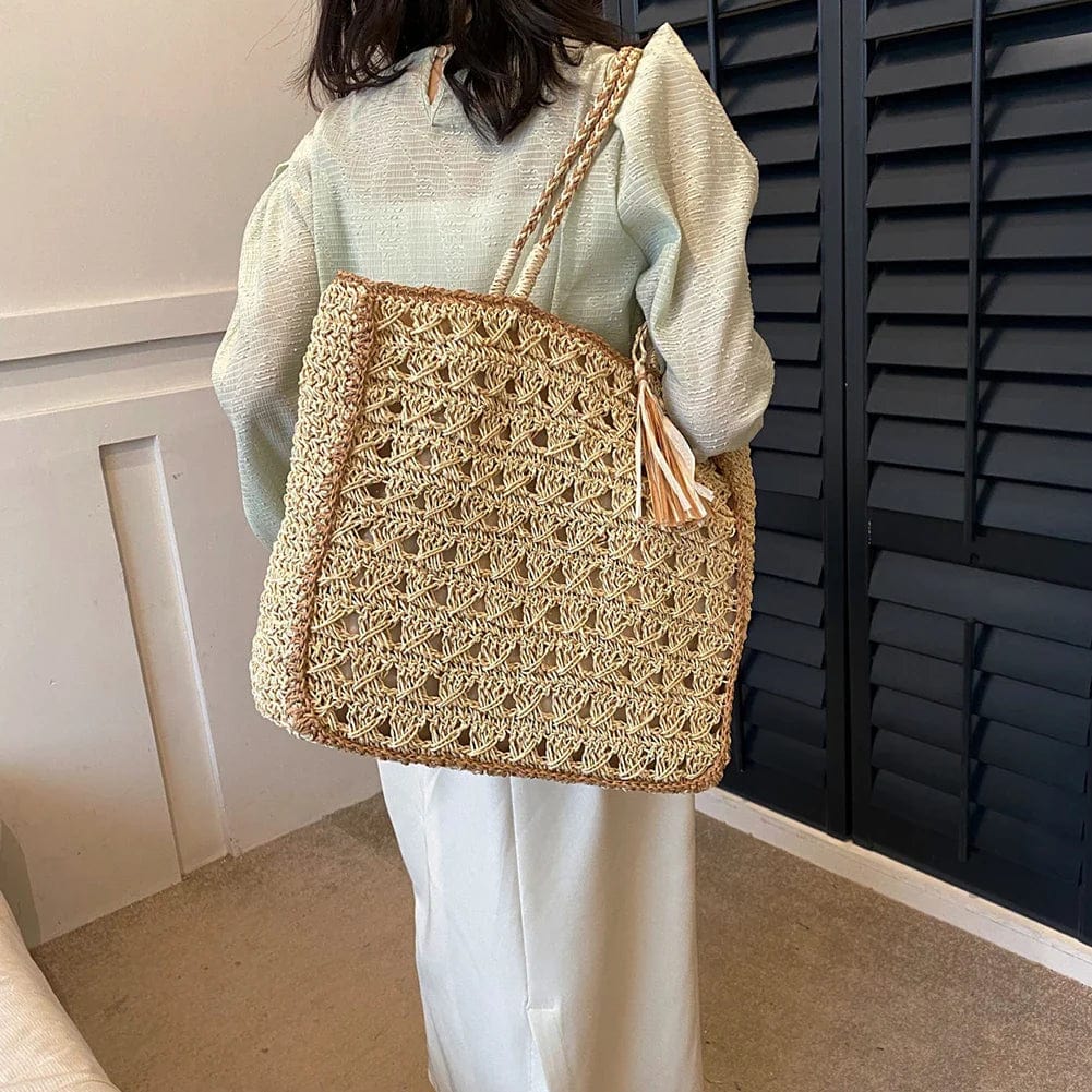 Crochet Handbag for Women, Natural Woven Summer Purse in Coffee, styled as a SheSelects summer accessory