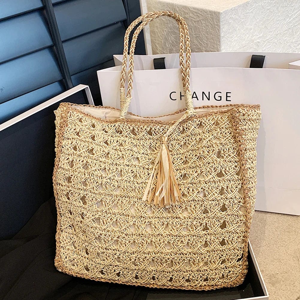 Crochet Handbag for Women, Natural Woven Summer Purse in Coffee, styled as a SheSelects summer accessory