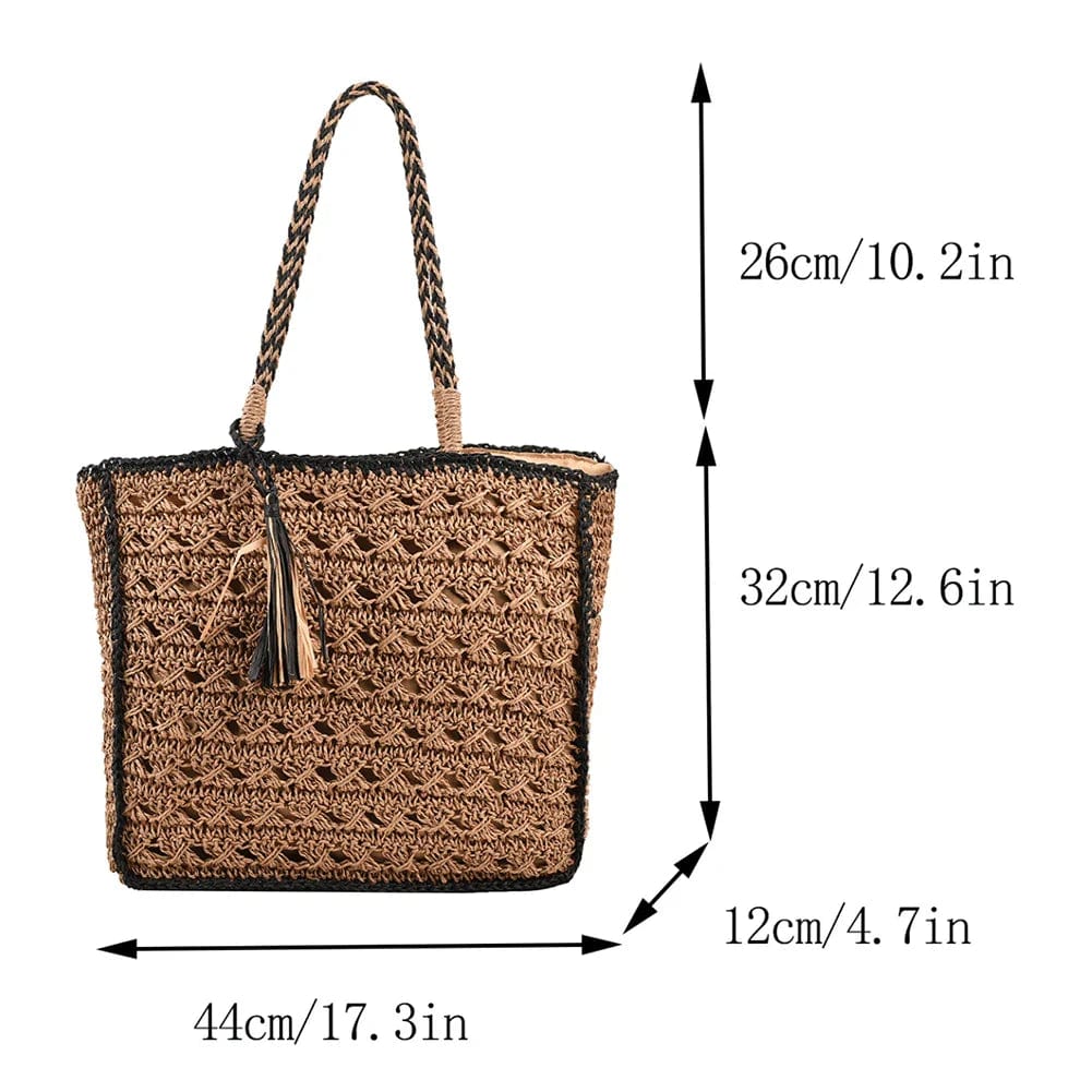 Crochet Handbag for Women, Natural Woven Summer Purse in Coffee, styled as a SheSelects summer accessory