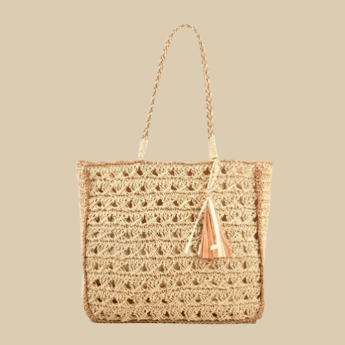 Crochet Handbag for Women, Natural Woven Summer Purse in Coffee, styled as a SheSelects summer accessory