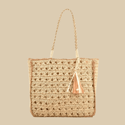Crochet Handbag for Women, Natural Woven Summer Purse in Coffee, styled as a SheSelects summer accessory