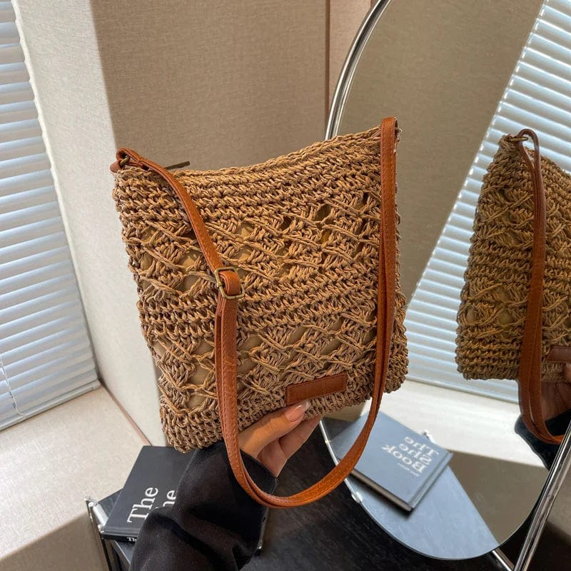 Crochet Crossbody Bag for Women, Woven Summer Purse with Easy Strap in Beige, styled as a SheSelects summer accessory