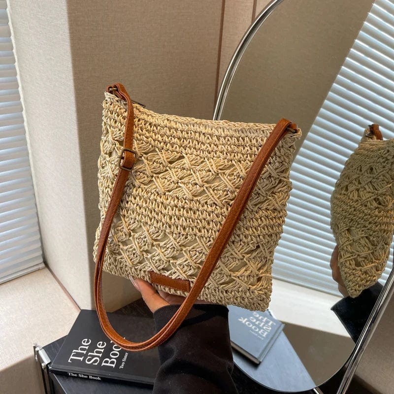 Crochet Crossbody Bag for Women, Woven Summer Purse with Easy Strap in Beige, styled as a SheSelects summer accessory