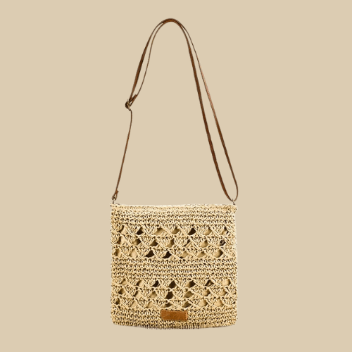 Crochet Crossbody Bag for Women, Woven Summer Purse with Easy Strap in Beige, styled as a SheSelects summer accessory