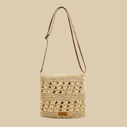 Crochet Crossbody Bag for Women, Woven Summer Purse with Easy Strap in Beige, styled as a SheSelects summer accessory