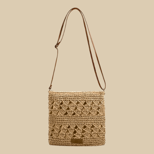 Crochet Crossbody Bag for Women, Woven Summer Purse with Easy Strap in Beige, styled as a SheSelects summer accessory