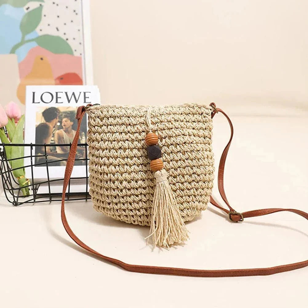 Mini Crochet Crossbody Bag for Women, Woven Summer Purse with Easy Strap in Coffee, styled as a SheSelects summer accessory