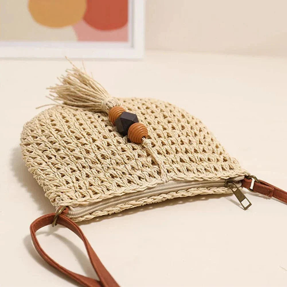 Mini Crochet Crossbody Bag for Women, Woven Summer Purse with Easy Strap in Coffee, styled as a SheSelects summer accessory