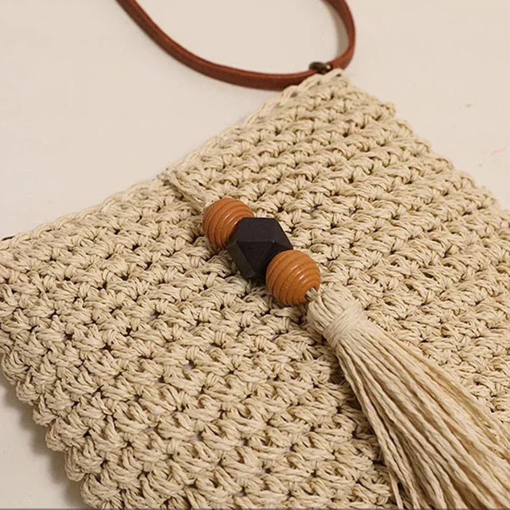 Mini Crochet Crossbody Bag for Women, Woven Summer Purse with Easy Strap in Coffee, styled as a SheSelects summer accessory