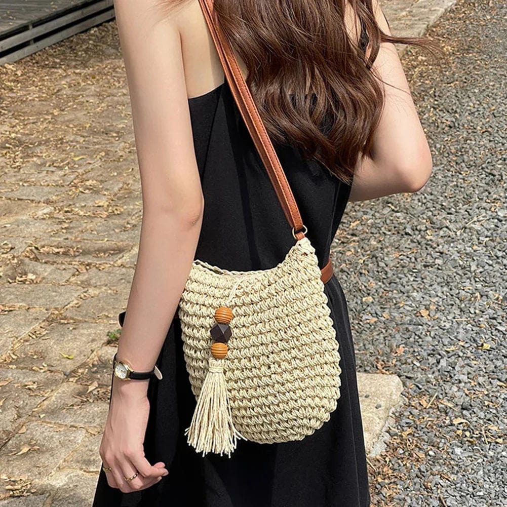 Mini Crochet Crossbody Bag for Women, Woven Summer Purse with Easy Strap in Coffee, styled as a SheSelects summer accessory