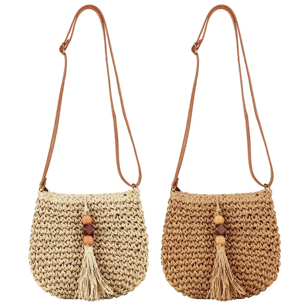 Mini Crochet Crossbody Bag for Women, Woven Summer Purse with Easy Strap in Coffee, styled as a SheSelects summer accessory