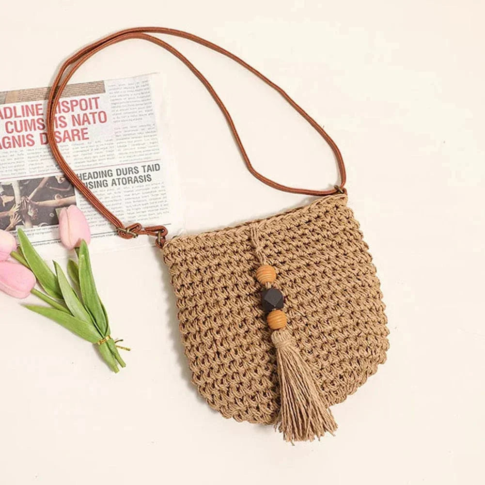 Mini Crochet Crossbody Bag for Women, Woven Summer Purse with Easy Strap in Coffee, styled as a SheSelects summer accessory