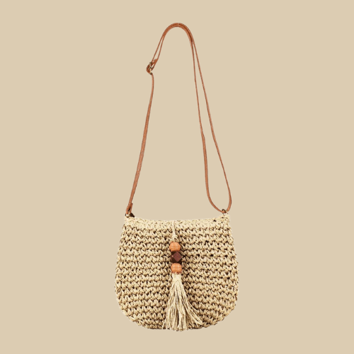 Mini Crochet Crossbody Bag for Women, Woven Summer Purse with Easy Strap in Coffee, styled as a SheSelects summer accessory