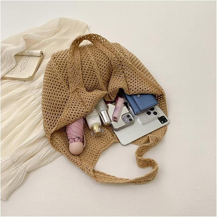 Crochet Tote Bag for Women, Woven Summer Beach and Vacation Purse in Black, styled as a SheSelects summer accessory