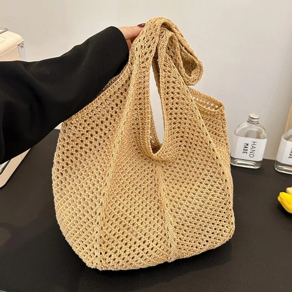 Crochet Tote Bag for Women, Woven Summer Beach and Vacation Purse in Black, styled as a SheSelects summer accessory