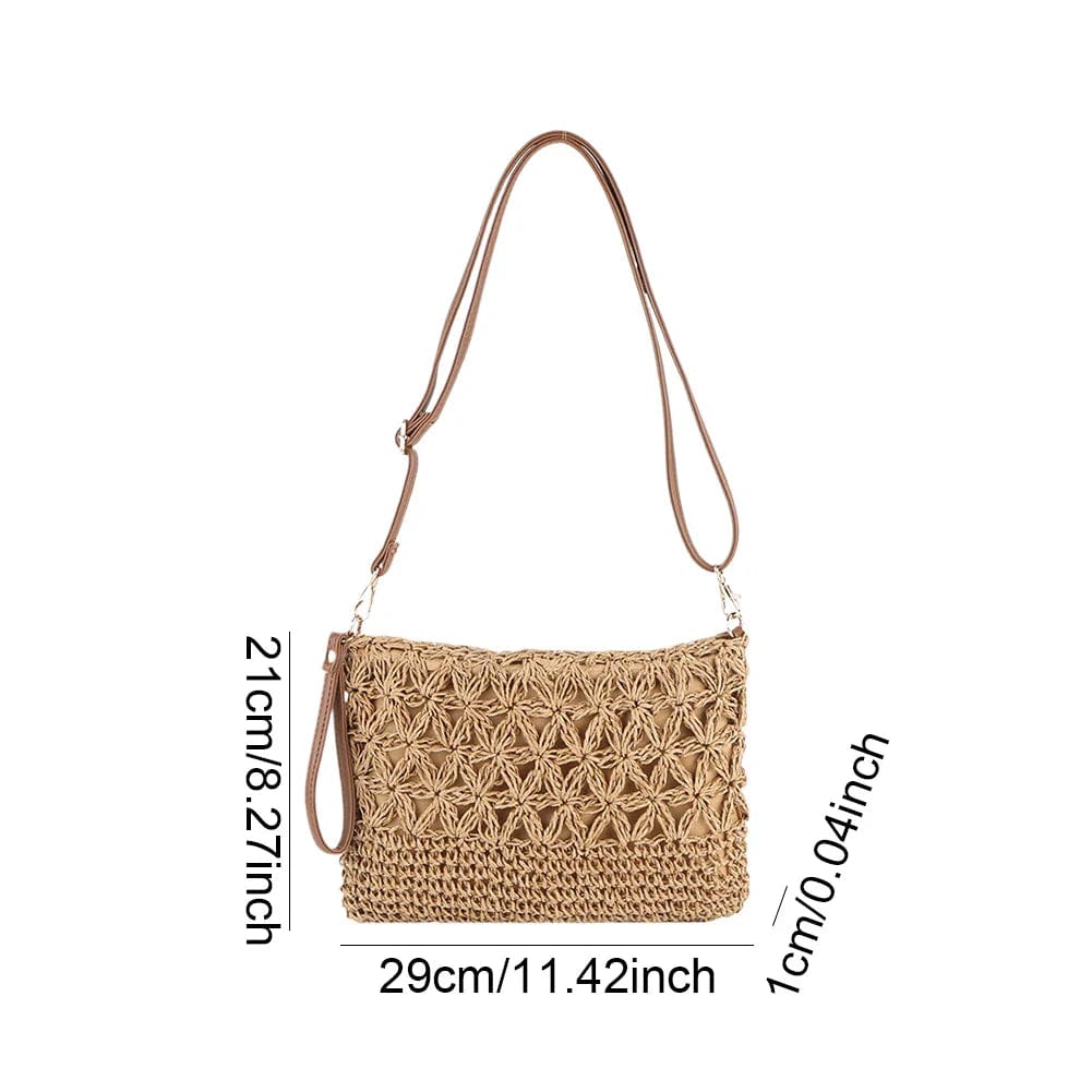 Crochet Crossbody Bag for Women, Woven Summer Purse with Easy Strap in Beige, styled as a SheSelects summer accessory
