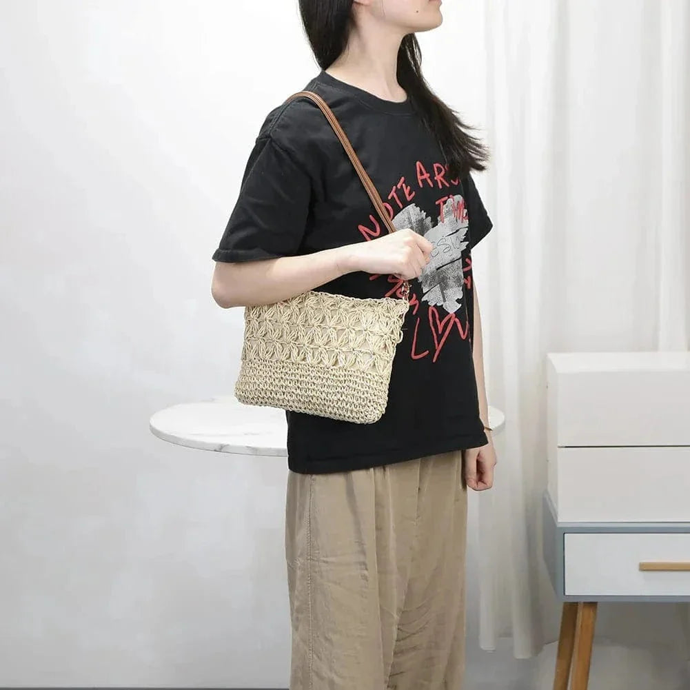 Crochet Crossbody Bag for Women, Woven Summer Purse with Easy Strap in Beige, styled as a SheSelects summer accessory