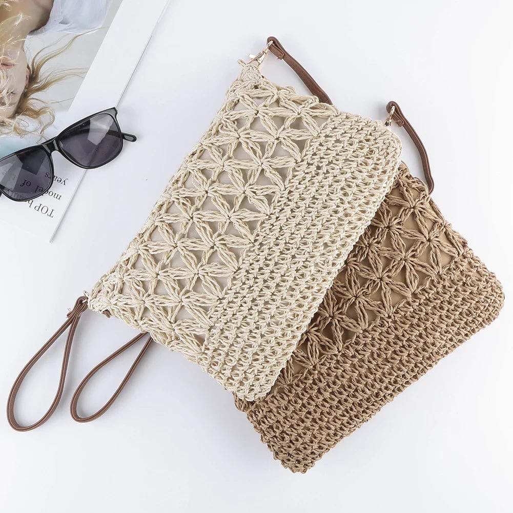 Crochet Crossbody Bag for Women, Woven Summer Purse with Easy Strap in Beige, styled as a SheSelects summer accessory