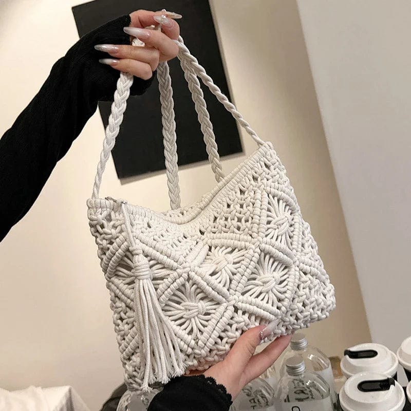 Crochet Shoulder Bag for Women, Natural Woven Summer Purse in Black, styled as a SheSelects summer accessory
