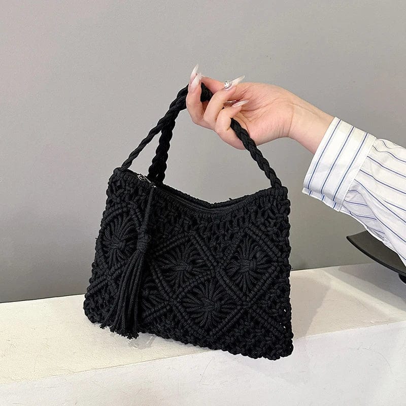 Crochet Shoulder Bag for Women, Natural Woven Summer Purse in Black, styled as a SheSelects summer accessory