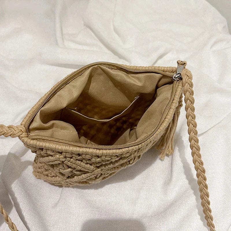 Crochet Shoulder Bag for Women, Natural Woven Summer Purse in Black, styled as a SheSelects summer accessory