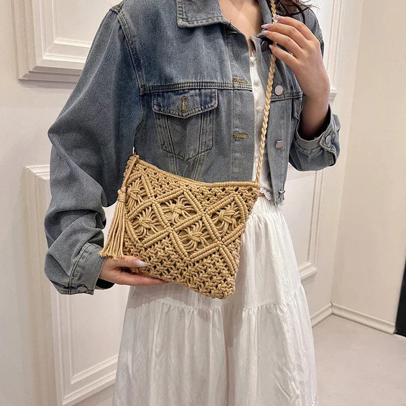 Crochet Shoulder Bag for Women, Natural Woven Summer Purse