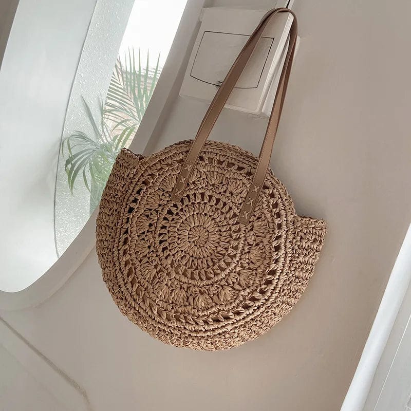 Crochet Summer Bag for Women, Natural Summer Vacation Purse in Beige, styled as a SheSelects summer accessory